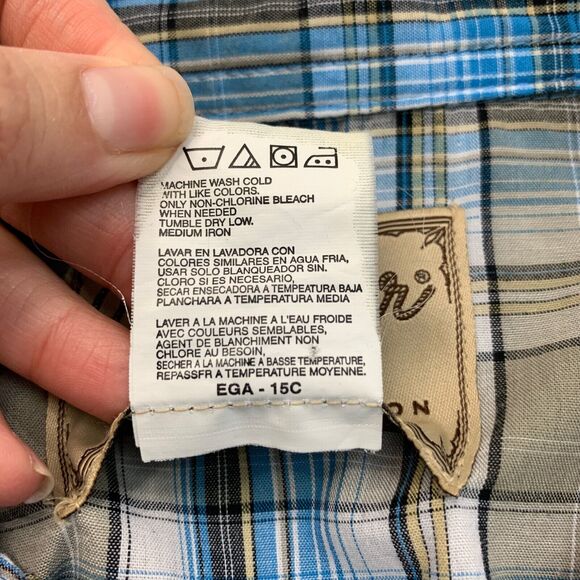 Wrangler Shirt Mens M Stone Blue Plaid Western Yoke Pearl Snap Button Pockets - Picture 8 of 10